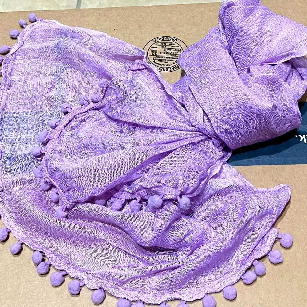 Gauzy Pom-Pom Scarf, Belt in Lavender